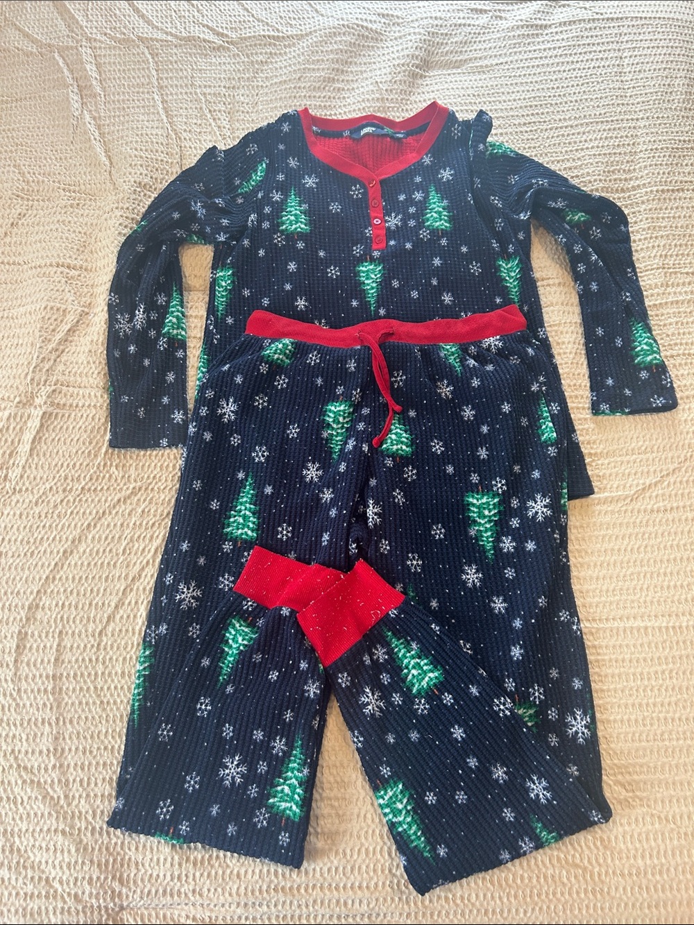 Lands' End Navy Holiday Tree Pajama Set with Red Trim